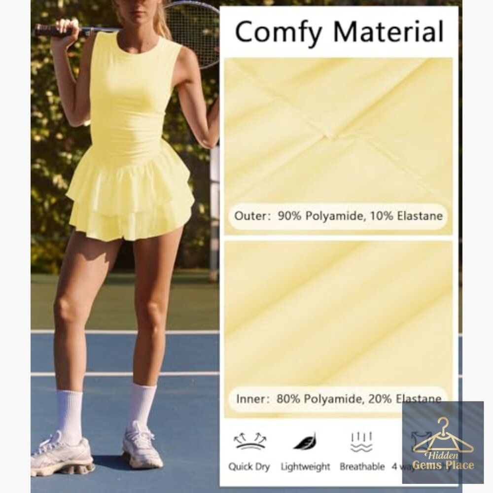 Slim Fit Tennis Dress with Built-in Shorts, Ruffle Pleats, Keyhole Back - Picture 5 of 6